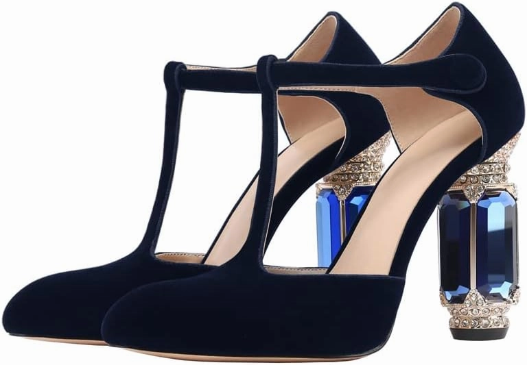 JANSEVEN Women Chunky High Heels Block Heeled Crystal Pumps Unique Jewel Gemstone Heel Round Closed Toe With Rhinestone Suede T-strap Sandals Party Bridal Wedding Shoes