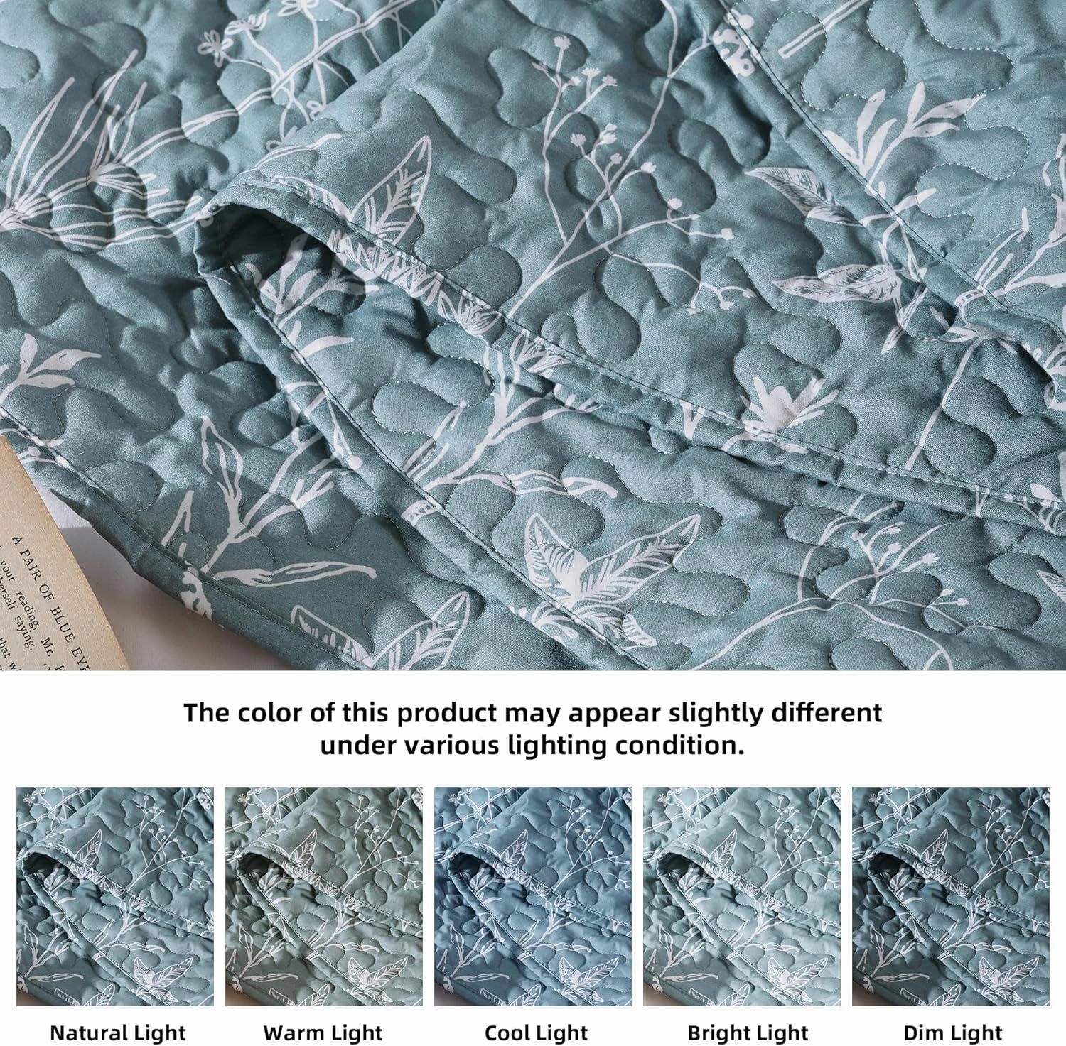 JANZAA Quilts Queen Size Bed Spread Botanical 3 Pieces Quilts Queen Size Sets with Floral Pattern Lightweight Microfiber Bedding Reversible 1 Quilt and 2 Pillow Cases-Mineral Blue