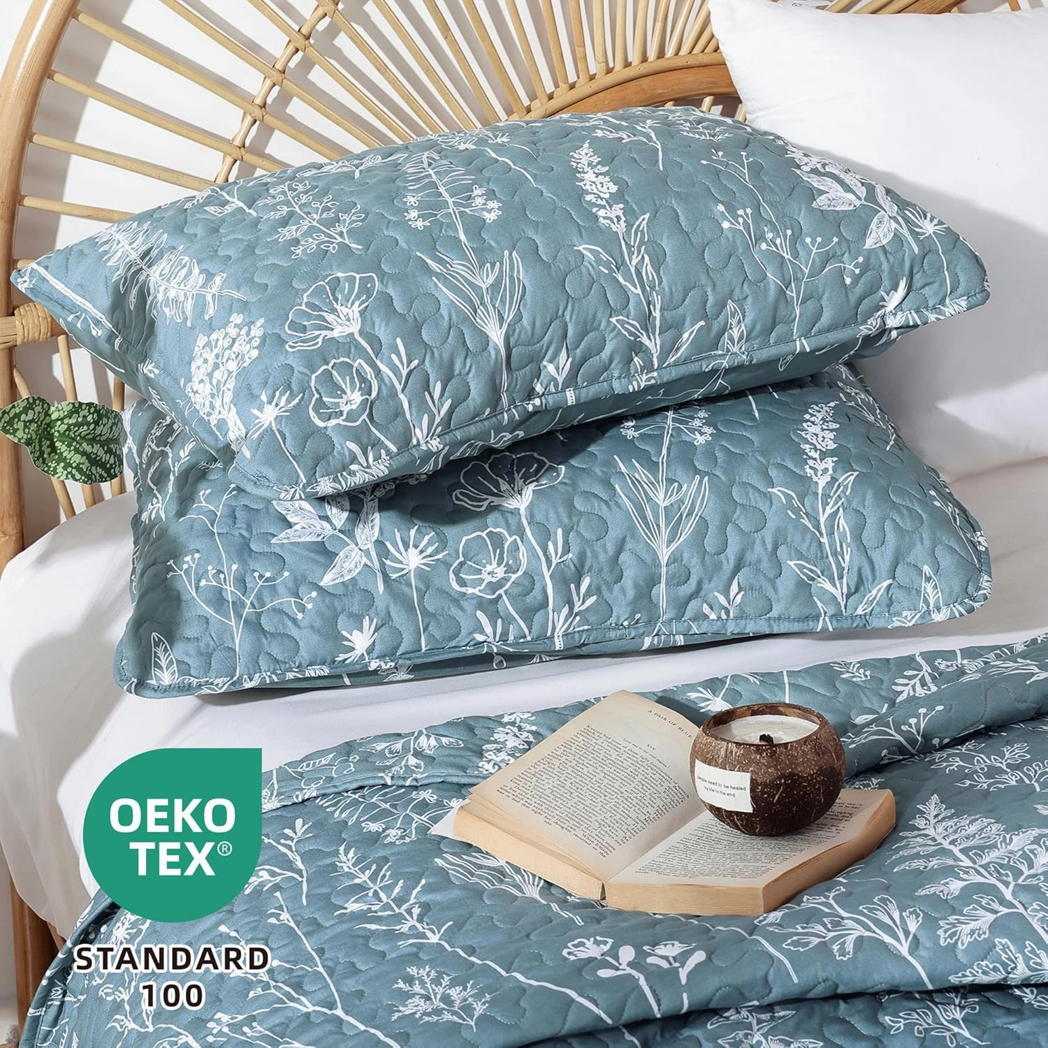JANZAA Quilts Queen Size Bed Spread Botanical 3 Pieces Quilts Queen Size Sets with Floral Pattern Lightweight Microfiber Bedding Reversible 1 Quilt and 2 Pillow Cases-Mineral Blue