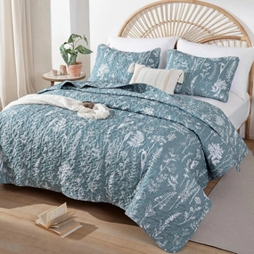 JANZAA Quilts Queen Size Bed Spread Botanical 3 Pieces Quilts Queen Size Sets with Floral Pattern Lightweight Microfiber Bedding Reversible 1 Quilt and 2 Pillow Cases-Mineral Blue