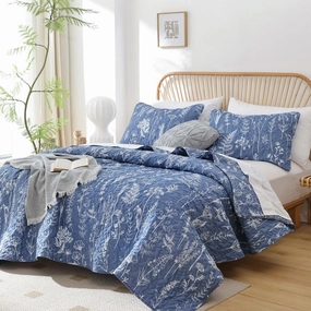 JANZAA Quilts Queen Size Infinity Blue Floral Queen Quilt Bedding Set Microfiber Boho Bedspread Lightweight Reversible Coverlet with 2 Pillowcases