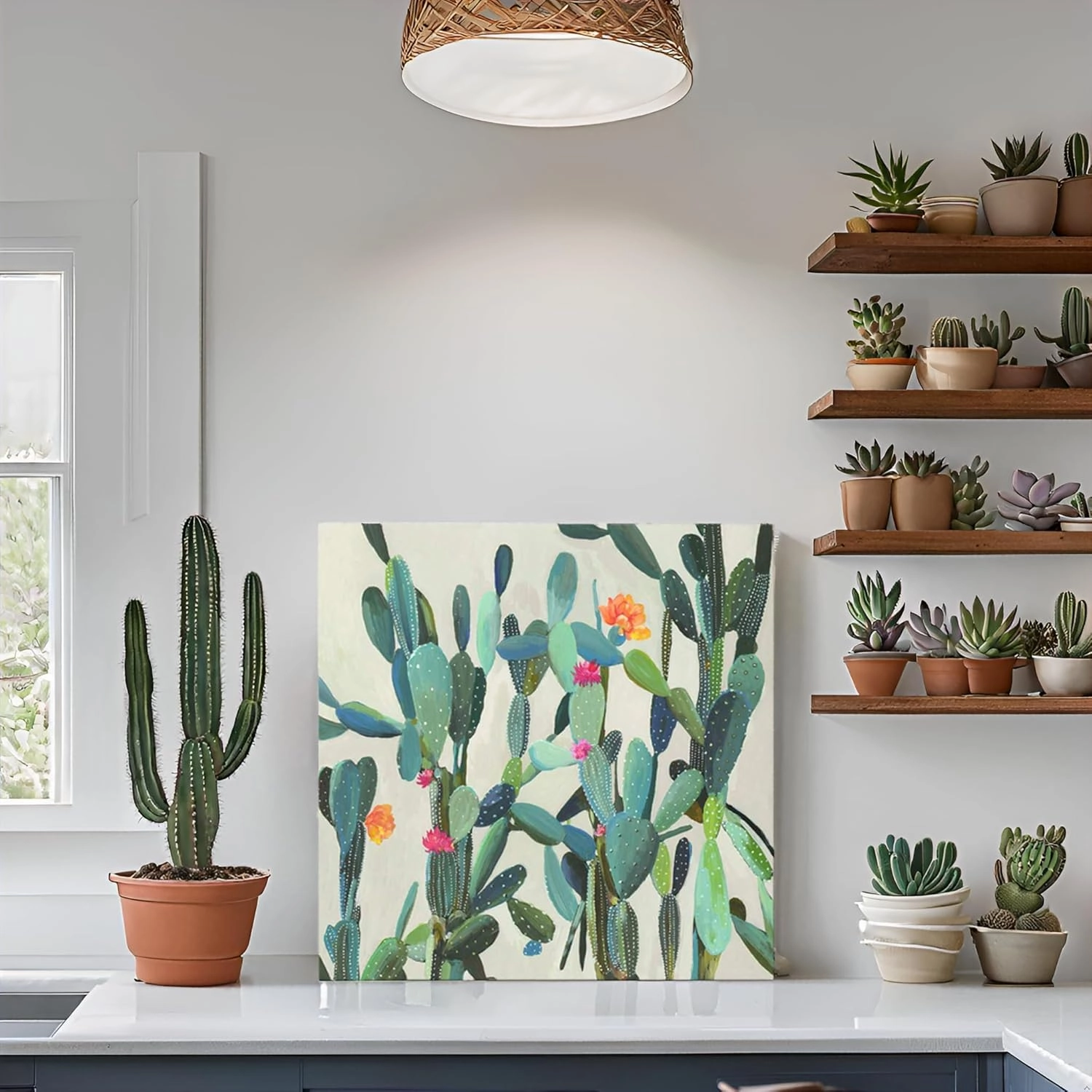 JAPO ART Cactus Wall Art Succulent Boho Wall Decor Plant Pictures Wall Art Southwest Decor Arizona Desert Cactus Pictures Desert Poster Wall Hanging for Kitchen Bathroom 24 x 24 Inch