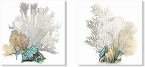 JAPO ART White Coral Wall Art Beach Bathroom Decor Sea Shell Pictures Coastal Wall Decor Sea Fan Nautical Painting Ocean Wall Art for Livingroom Bedroom Home Walls 12x12Inchx2pcs