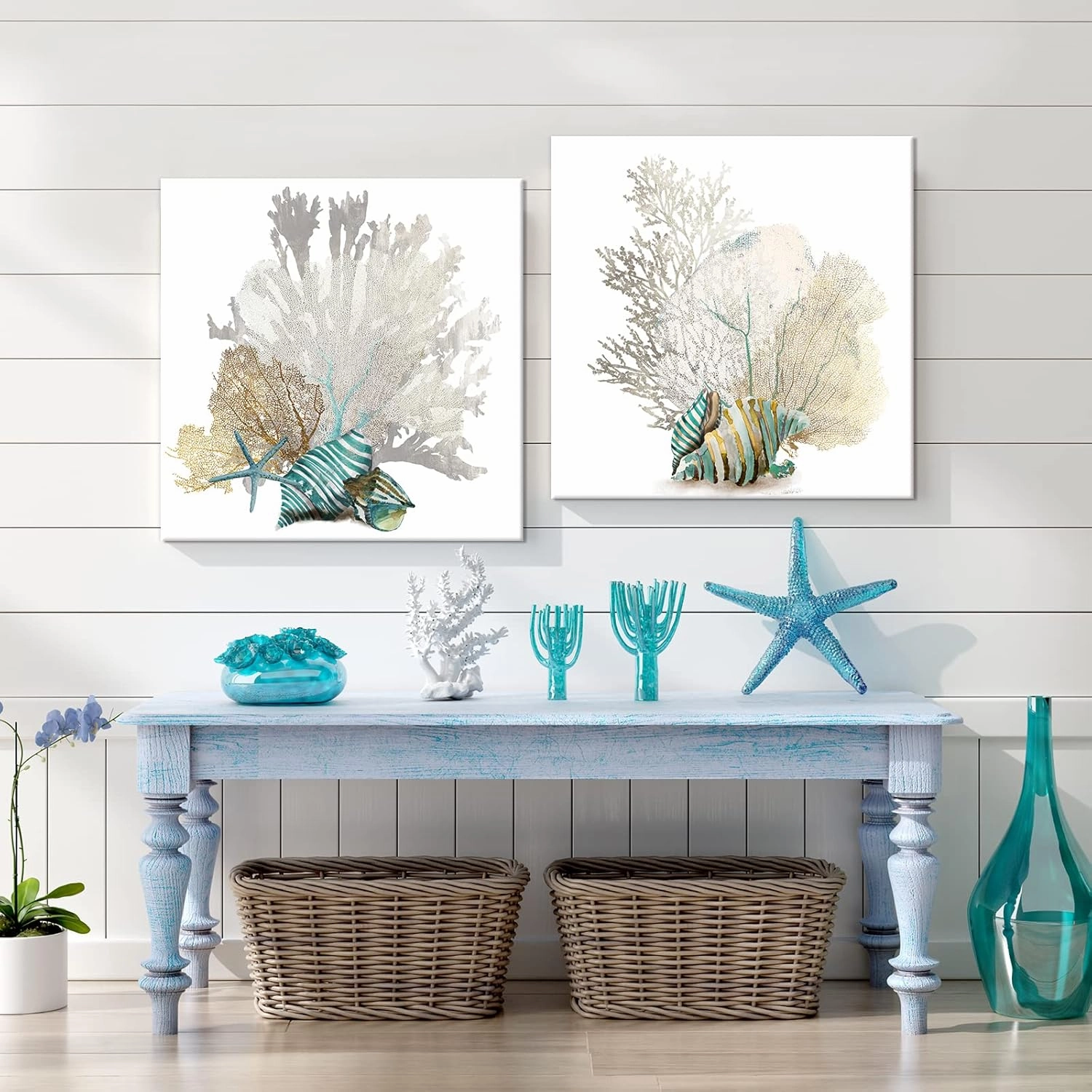 JAPO ART White Coral Wall Art Beach Bathroom Decor Sea Shell Pictures Coastal Wall Decor Sea Fan Nautical Painting Ocean Wall Art for Livingroom Bedroom Home Walls 12x12Inchx2pcs