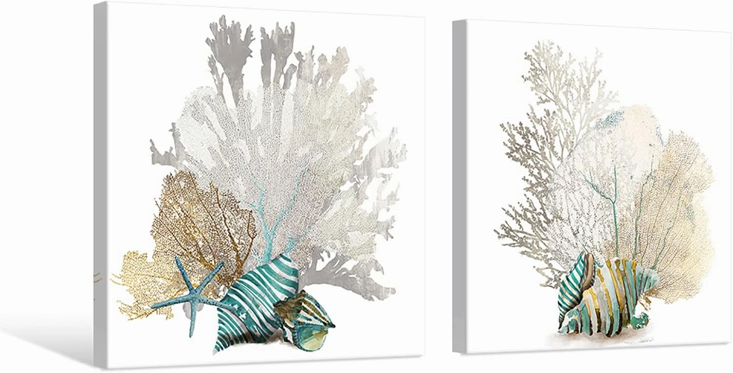JAPO ART White Coral Wall Art Beach Bathroom Decor Sea Shell Pictures Coastal Wall Decor Sea Fan Nautical Painting Ocean Wall Art for Livingroom Bedroom Home Walls 12x12Inchx2pcs