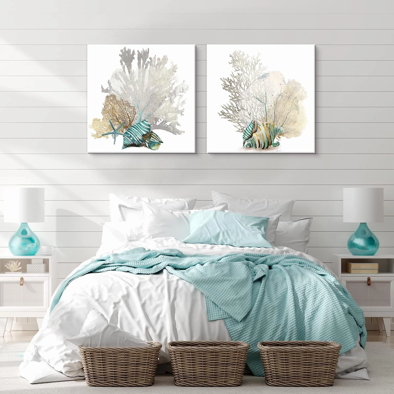 JAPO ART White Coral Wall Art Beach Bathroom Decor Sea Shell Pictures Coastal Wall Decor Sea Fan Nautical Painting Ocean Wall Art for Livingroom Bedroom Home Walls 12x12Inchx2pcs
