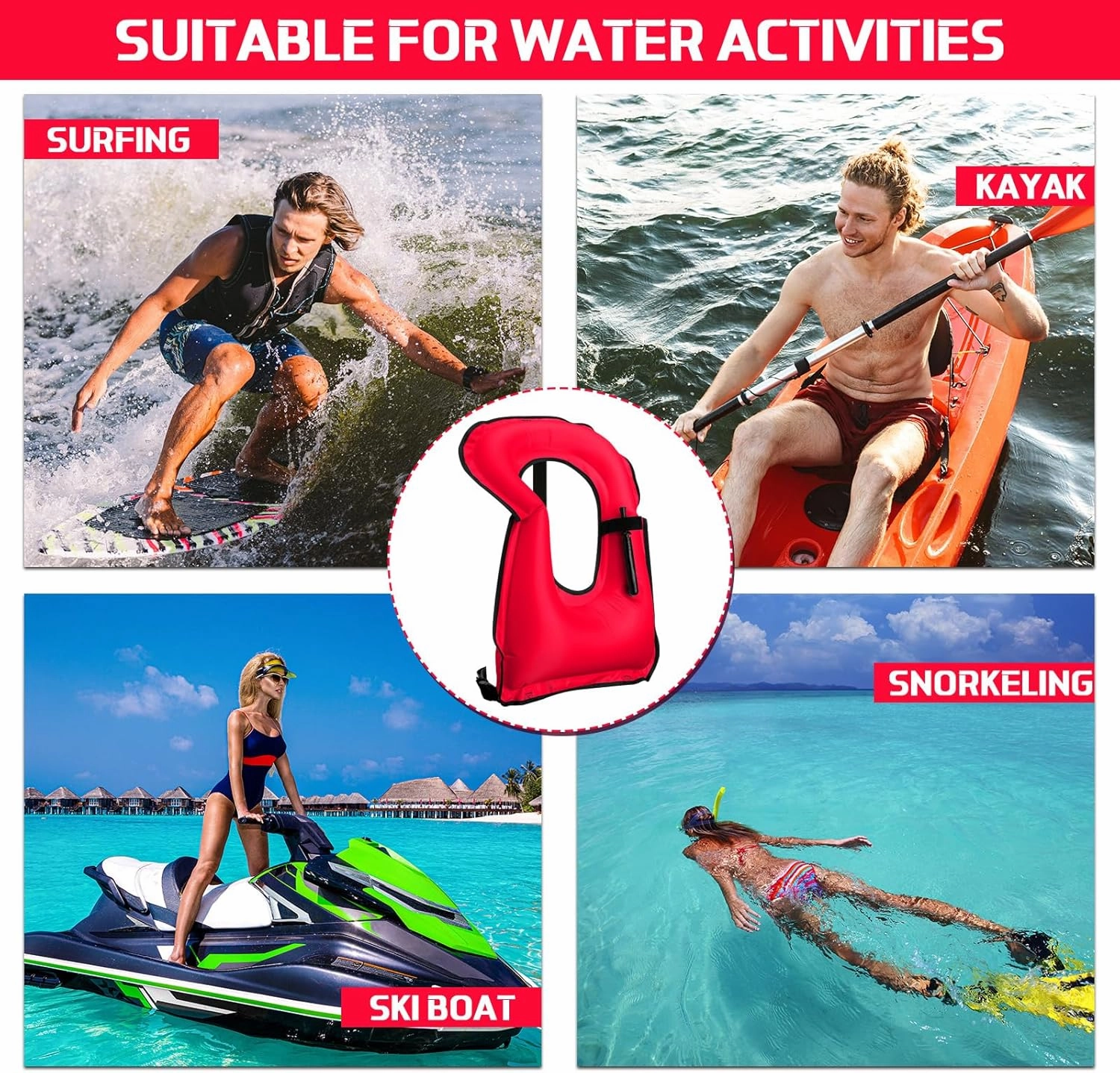 Jerify 4 Pcs Inflatable Snorkel Vest Adults, Portable Swim Vest Jackets, Adjustable Kayaking Jackets Safety Vests for Snorkeling Swimming Diving Surfing