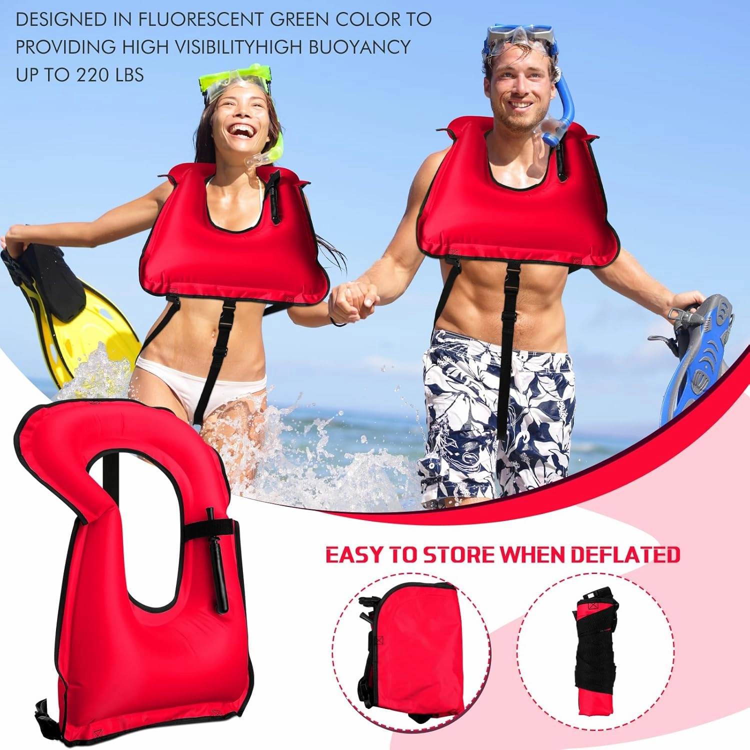Jerify 4 Pcs Inflatable Snorkel Vest Adults, Portable Swim Vest Jackets, Adjustable Kayaking Jackets Safety Vests for Snorkeling Swimming Diving Surfing