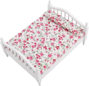 JERYS Mini Doll Bed, Doll Double Bed, Dollhouse Kitchen Accessory, Mini Furniture for Doll House Bedroom, 1/12 Scale, Wood   Cloth, Traditional, Floral
