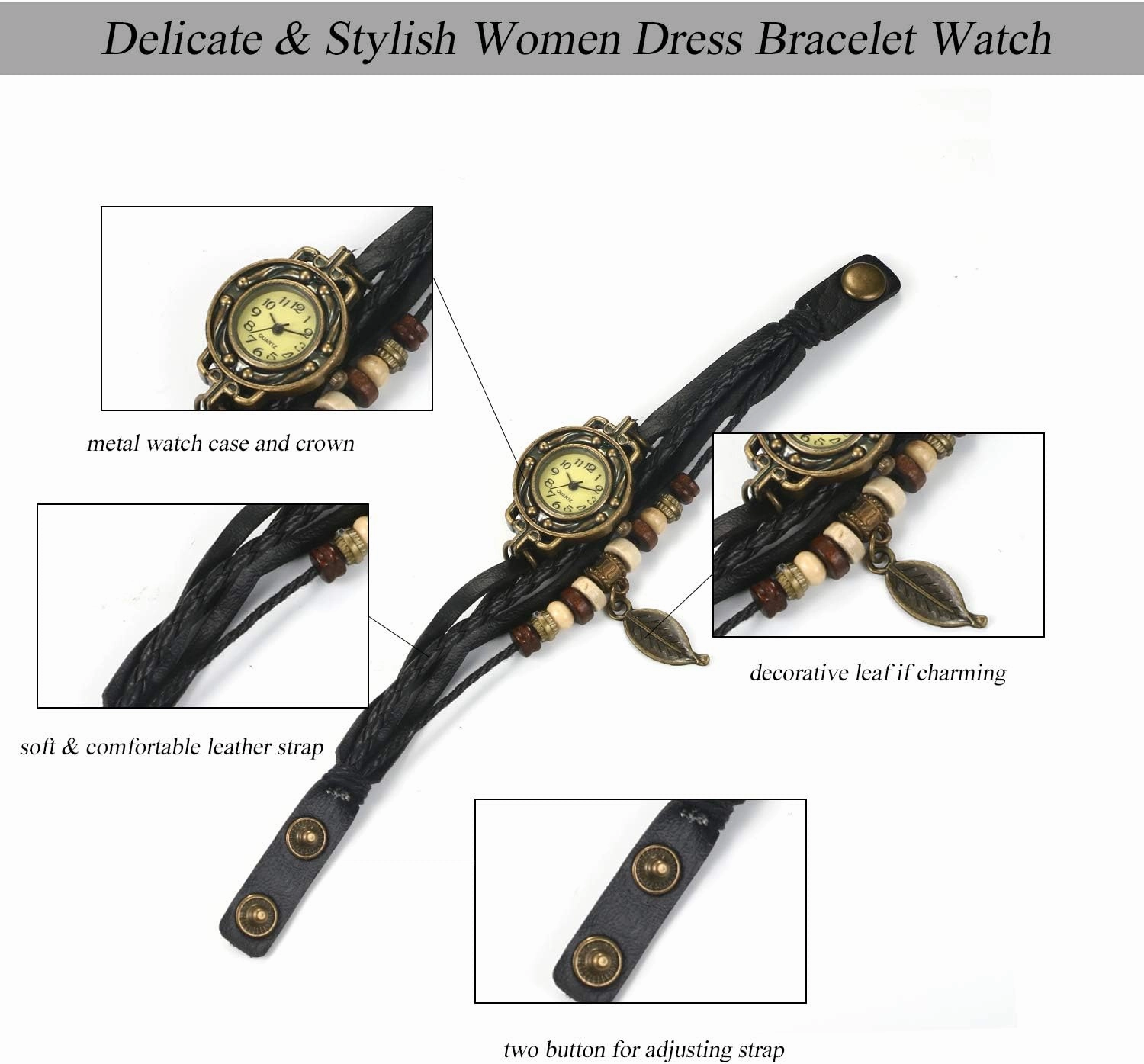 JewelryWe Women Quartz Bracelet Watch Fashion Weave Wrap Around Leather Wrist Watch Classic Bracelet Watch for Summer Beach