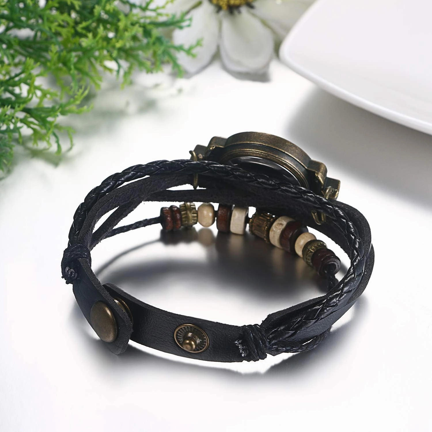 JewelryWe Women Quartz Bracelet Watch Fashion Weave Wrap Around Leather Wrist Watch Classic Bracelet Watch for Summer Beach