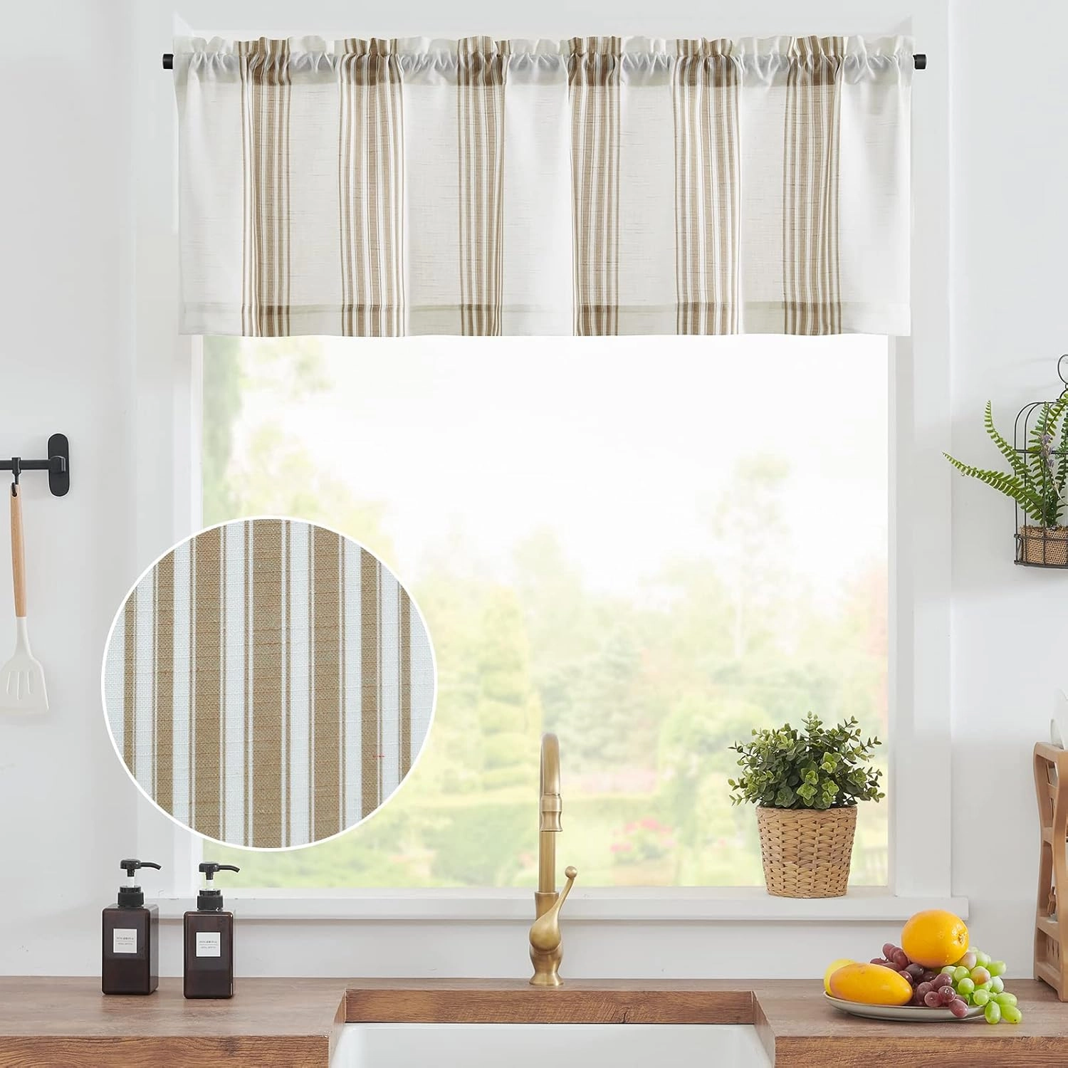 jinchan Striped Linen Valance Curtain 16 Inch Vertical Striped Valance for Kitchen Bathroom Light Filtering Window Treatment Rod Pocket Farmhouse Rustic Semi Sheer Short Window Curtain 1 Panel Taupe