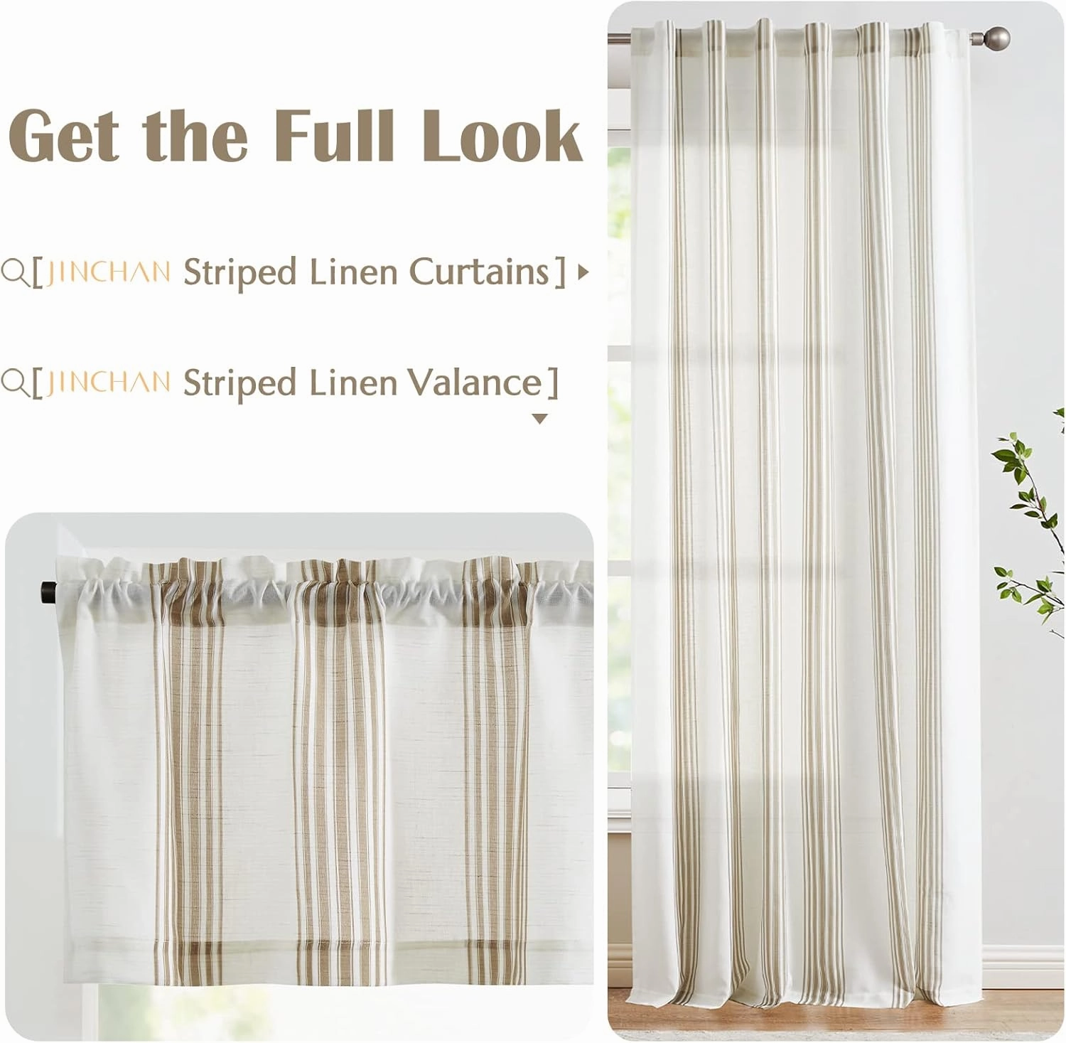 jinchan Striped Linen Valance Curtain 16 Inch Vertical Striped Valance for Kitchen Bathroom Light Filtering Window Treatment Rod Pocket Farmhouse Rustic Semi Sheer Short Window Curtain 1 Panel Taupe