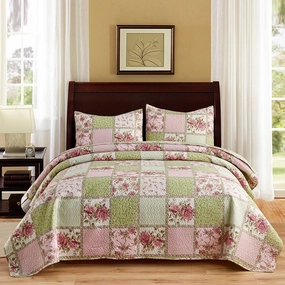JML Quilt Set, 3 Pieces Bedspread Coverlet Cover - Soft Brushed Microfiber, Lightweight Printed Bedspread Set (Garden Pattern, Full/Queen 88"x92")