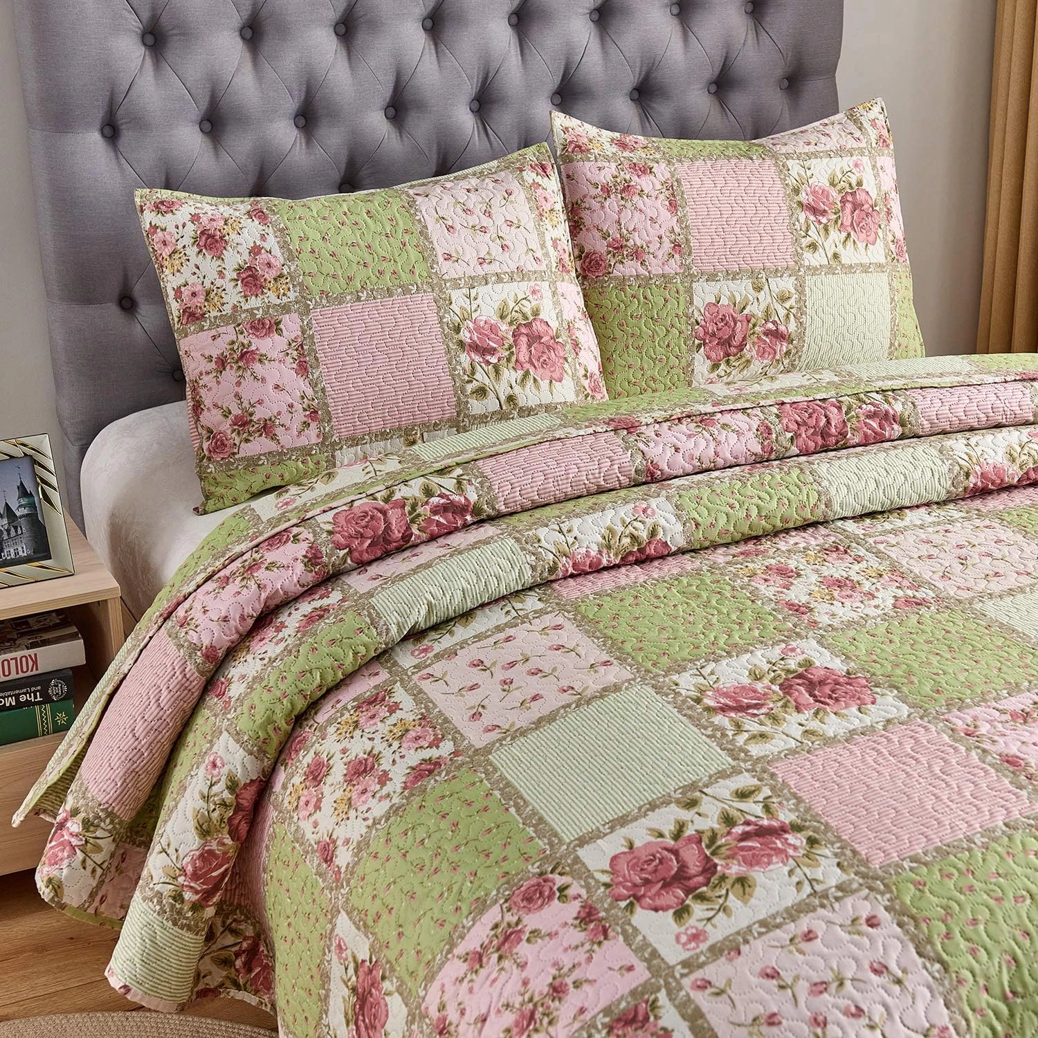 JML Quilt Set, 3 Pieces Bedspread Coverlet Cover - Soft Brushed Microfiber, Lightweight Printed Bedspread Set (Garden Pattern, Full/Queen 88"x92")