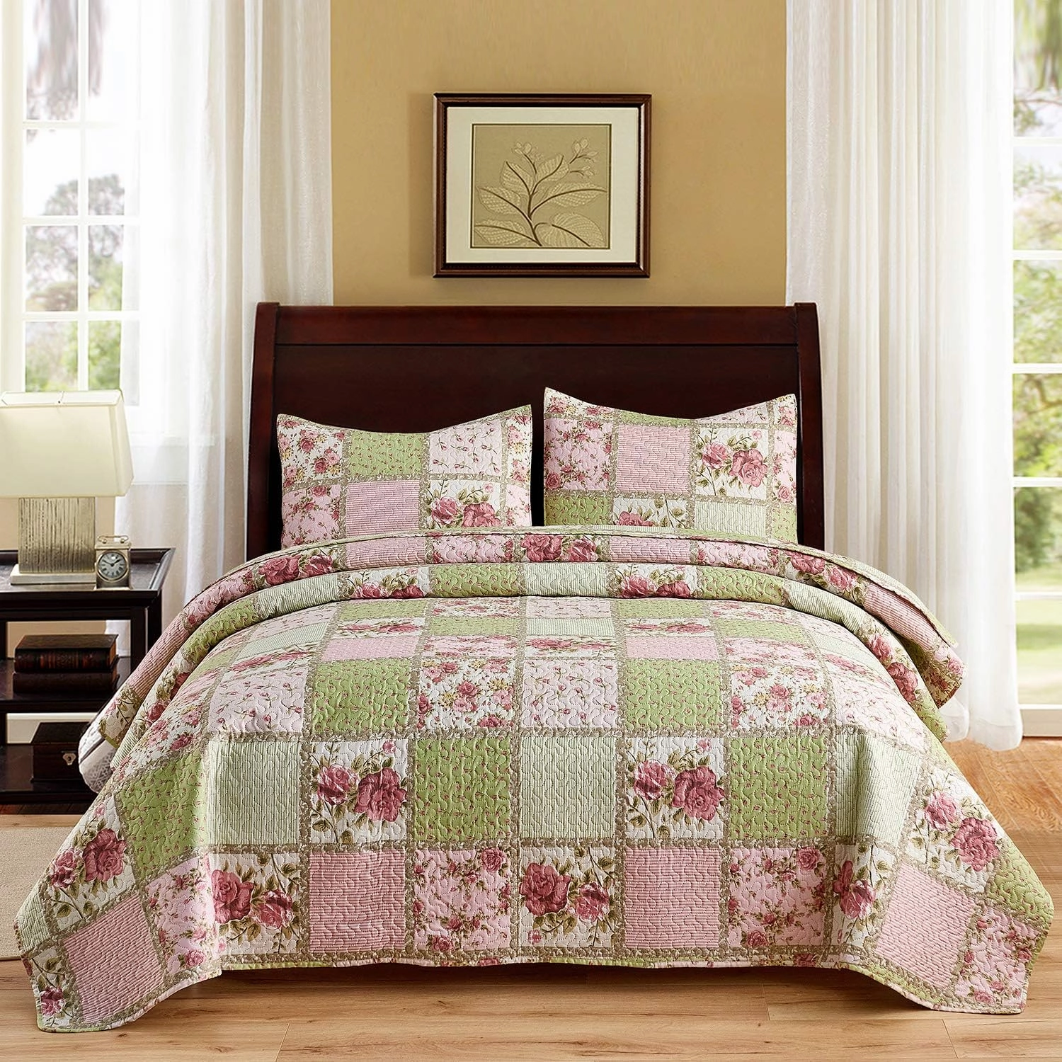 JML Quilt Set, 3 Pieces Bedspread Coverlet Cover - Soft Brushed Microfiber, Lightweight Printed Bedspread Set (Garden Pattern, Full/Queen 88"x92")