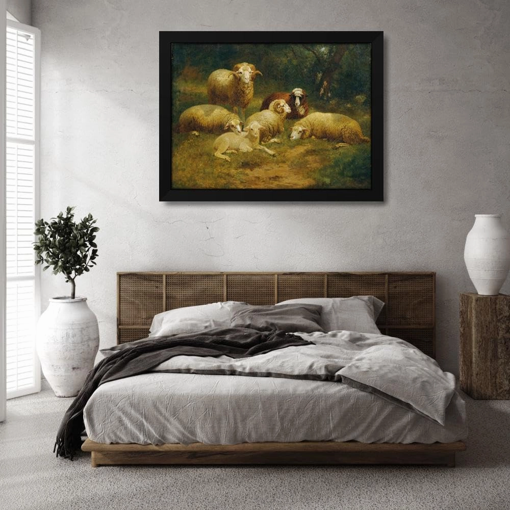 Johann Baptist Hofner 48x35 Huge Black Modern Framed Art Print Titled: Sheep (1870)