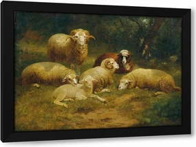 Johann Baptist Hofner 48x35 Huge Black Modern Framed Art Print Titled: Sheep (1870)