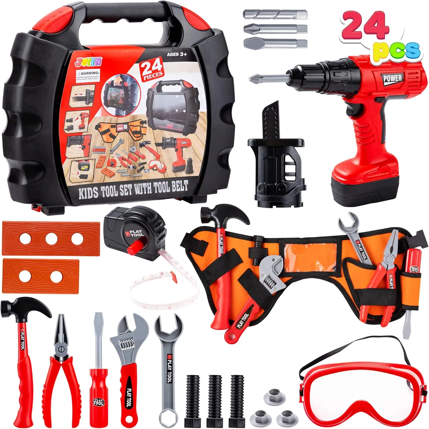 JOYIN 24Pcs Kid Tool Set, Pretend Play Toddler Tool Toy with Construction Worker Belt & Electric Toy Drill in Carry Case for Boy Girl Halloween Present Birthday Dress Up Party