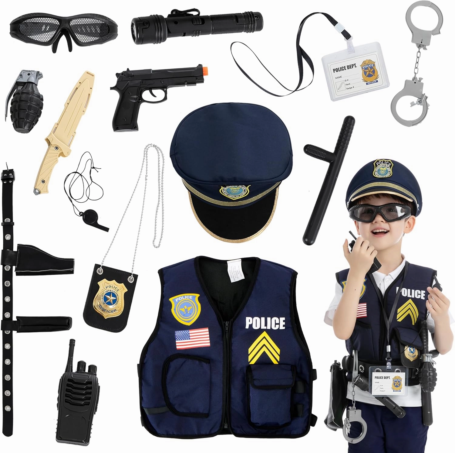 JOYIN 14 Pcs Police Pretend Play Toys Hat and Uniform Outfit for Halloween Dress Up Party, Officer Costume, Role-playing