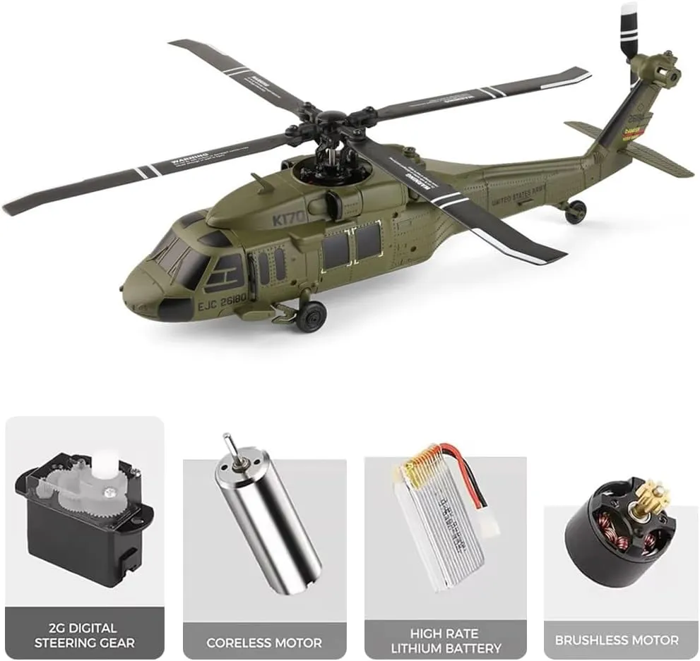 K170 Remote Control Helicopter, 2.4GHz UH60L RC Military Helicopter Toy with Adjustable Left and Right Hand Throttle for Teenagers and Adult Beginners (Three Battery Version)