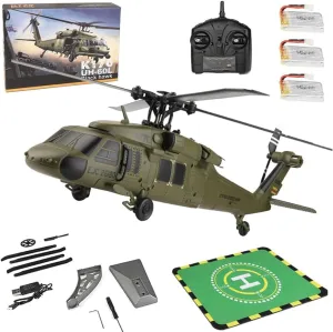 K170 Remote Control Helicopter, 2.4GHz UH60L RC Military Helicopter Toy with Adjustable Left and Right Hand Throttle for Teenagers and Adult Beginners (Three Battery Version)