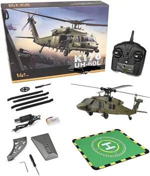 K170 UH60L RC Helicopter for Adults, 6-Axis Gyro Brushless Motor 2.4G 4CH Remote Contro Military Aircraft Single Wing Aileron Free Altitude Hovering Hold Adjustable Throttle, RTF /2 Battery