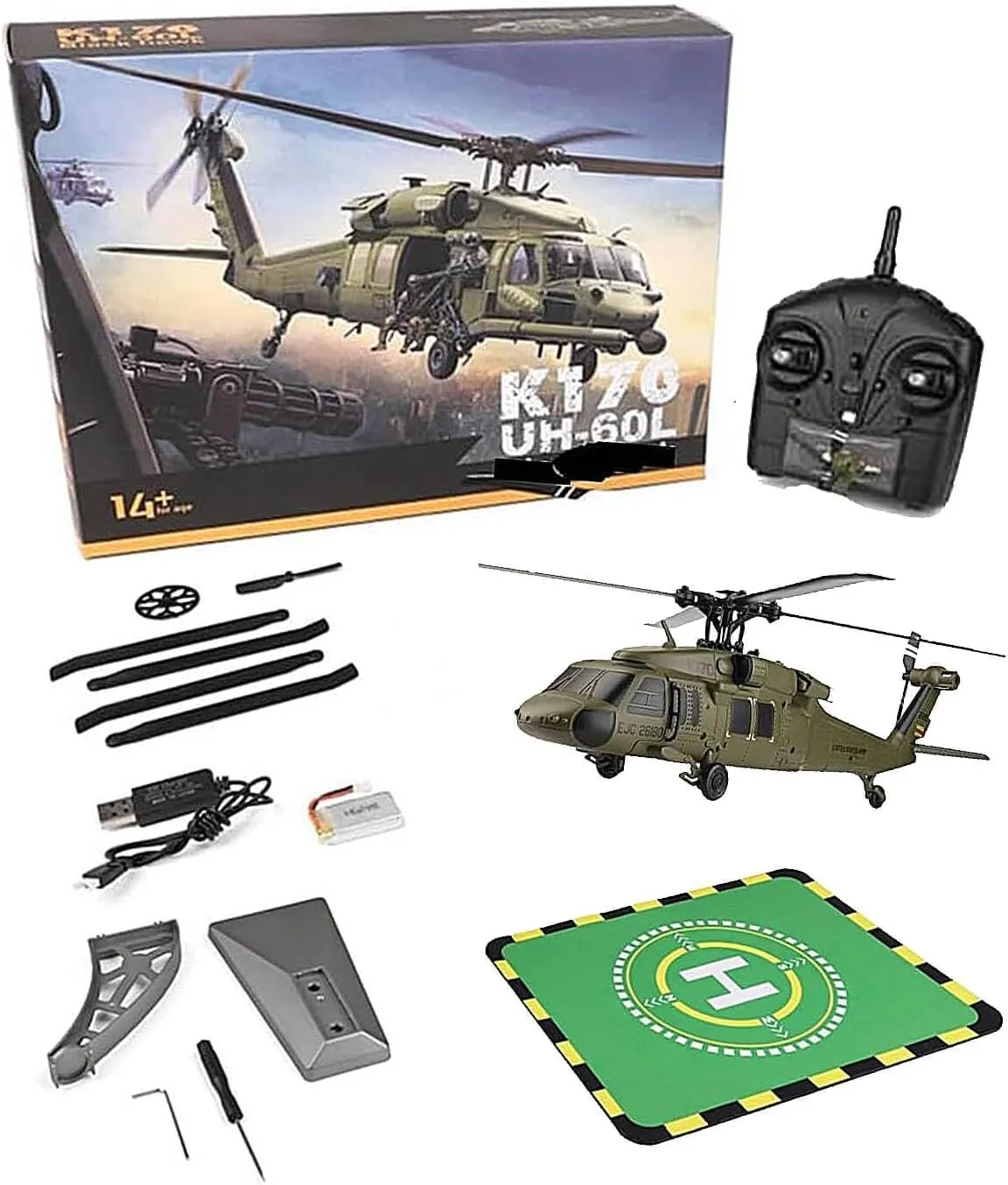K170 UH60L RC Helicopter for Adults, 6-Axis Gyro Brushless Motor 2.4G 4CH Remote Contro Military Aircraft Single Wing Aileron Free Altitude Hovering Hold Adjustable Throttle, RTF /2 Battery