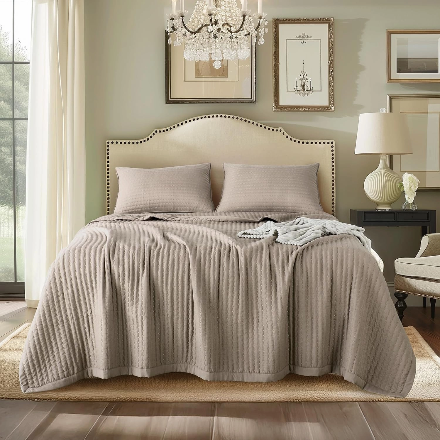 KASENTEX Quilt-Bedding-Coverlet-Blanket-Set, Machine Washable, Ultra Soft, Lightweight, Stone-Washed, Detailed Stitching - Solid Color (Camel, Oversized King   2 King Shams)