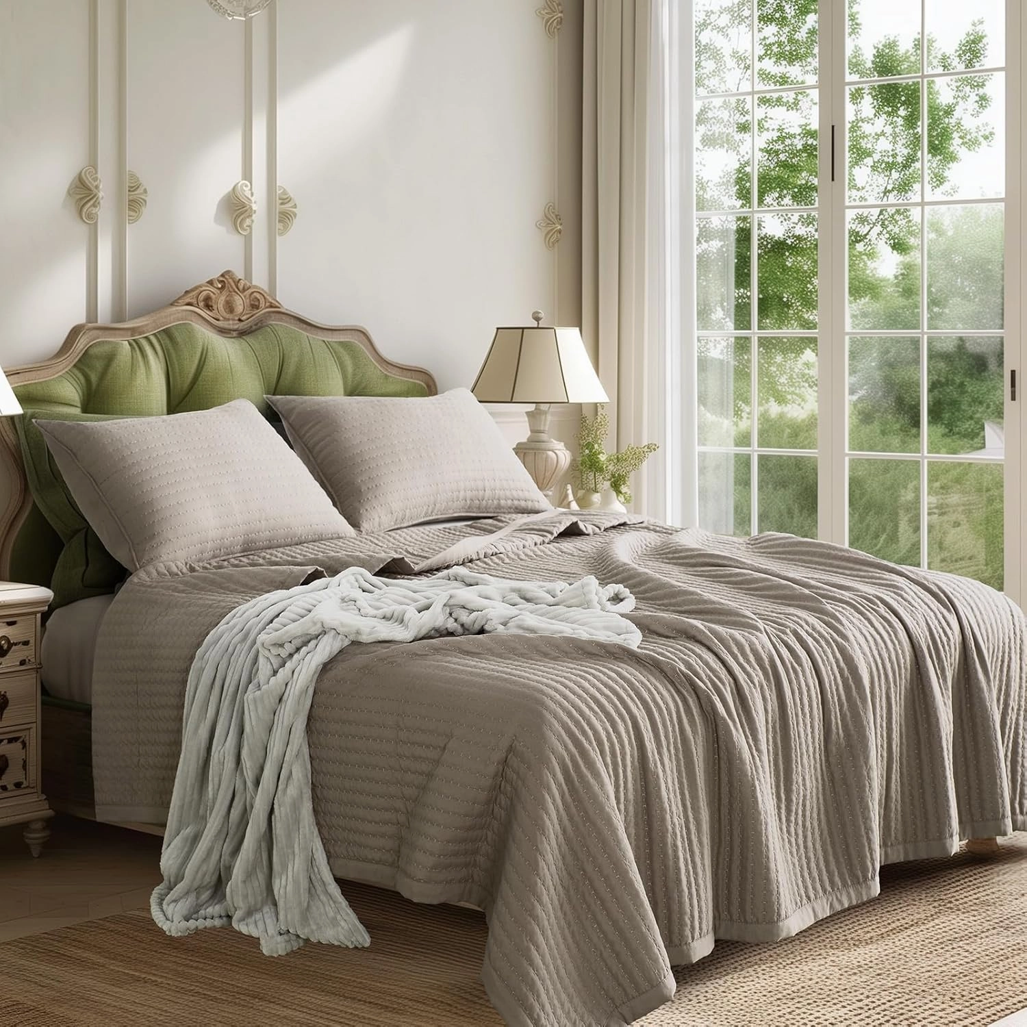 KASENTEX Quilt-Bedding-Coverlet-Blanket-Set, Machine Washable, Ultra Soft, Lightweight, Stone-Washed, Detailed Stitching - Solid Color (Camel, Oversized King   2 King Shams)