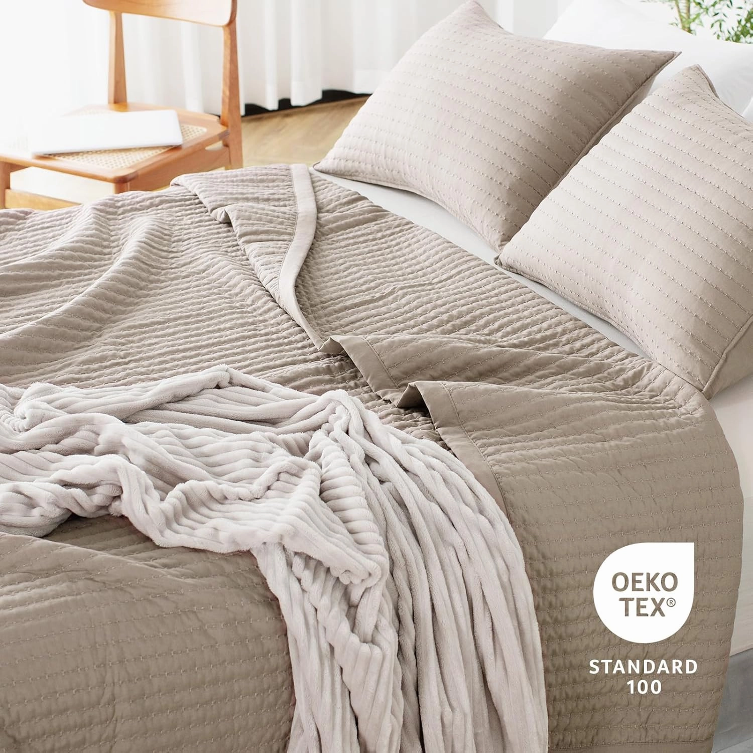 KASENTEX Quilt-Bedding-Coverlet-Blanket-Set, Machine Washable, Ultra Soft, Lightweight, Stone-Washed, Detailed Stitching - Solid Color (Camel, Oversized King   2 King Shams)