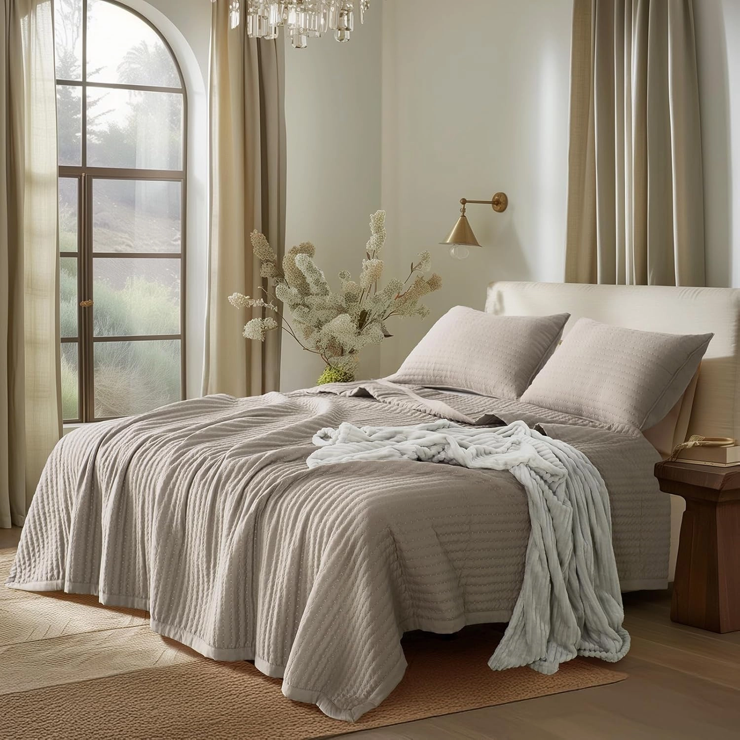KASENTEX Quilt-Bedding-Coverlet-Blanket-Set, Machine Washable, Ultra Soft, Lightweight, Stone-Washed, Detailed Stitching - Solid Color (Camel, Oversized King   2 King Shams)