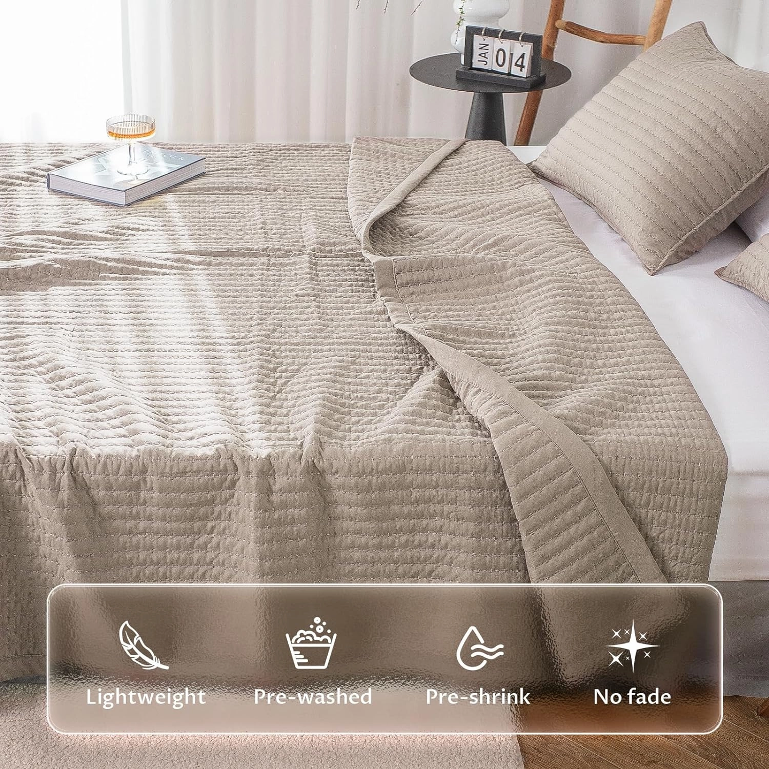 KASENTEX Quilt-Bedding-Coverlet-Blanket-Set, Machine Washable, Ultra Soft, Lightweight, Stone-Washed, Detailed Stitching - Solid Color (Camel, Oversized King   2 King Shams)