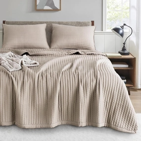KASENTEX Quilt-Bedding-Coverlet-Blanket-Set, Machine Washable, Ultra Soft, Lightweight, Stone-Washed, Detailed Stitching - Solid Color (Camel, Oversized King   2 King Shams)