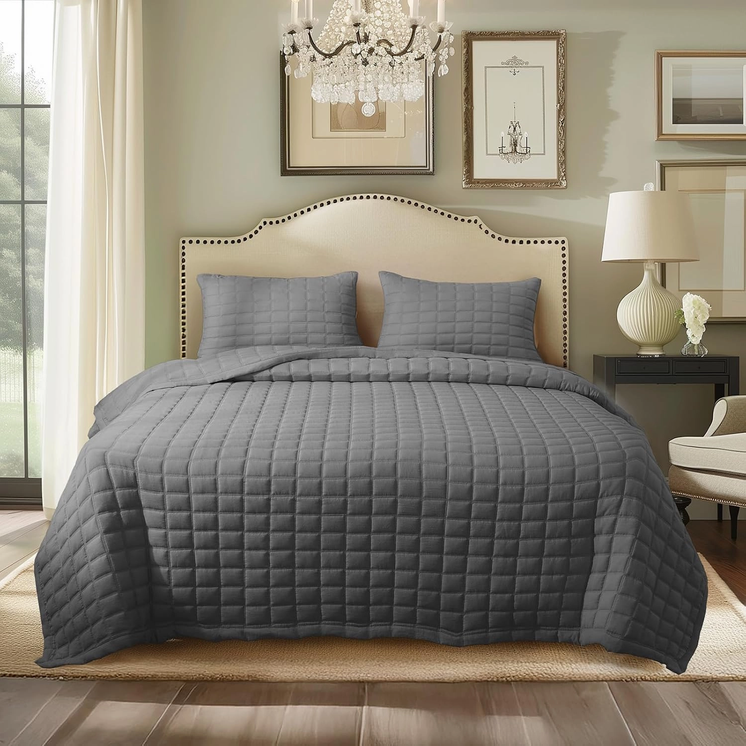 KASENTEX Quilt-Bedding-Coverlet-Blanket-Set, Machine Washable, Ultra Soft, Lightweight, Stone-Washed, Detailed Stitching - Solid Color (Dark Grey, Oversized King   2 King Shams)