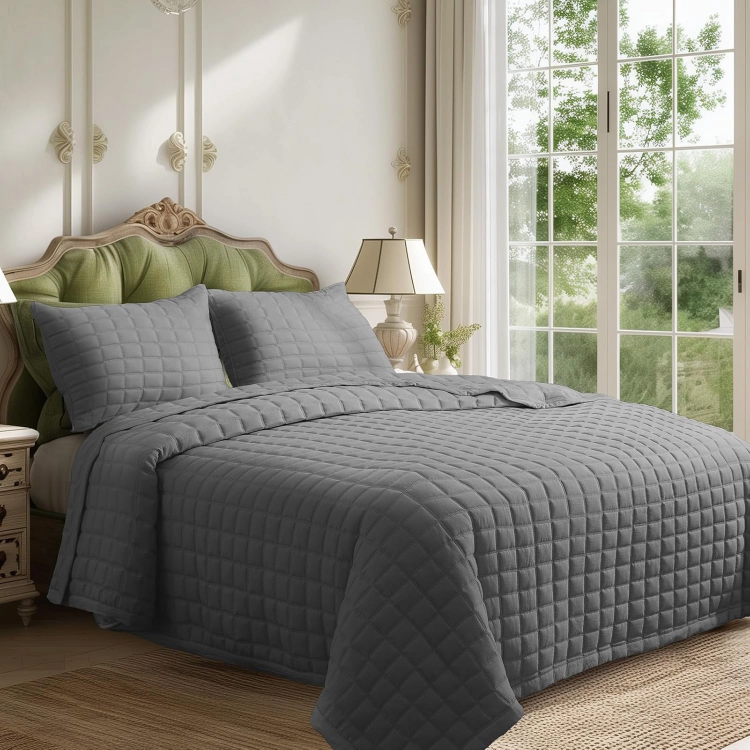 KASENTEX Quilt-Bedding-Coverlet-Blanket-Set, Machine Washable, Ultra Soft, Lightweight, Stone-Washed, Detailed Stitching - Solid Color (Dark Grey, Oversized King   2 King Shams)