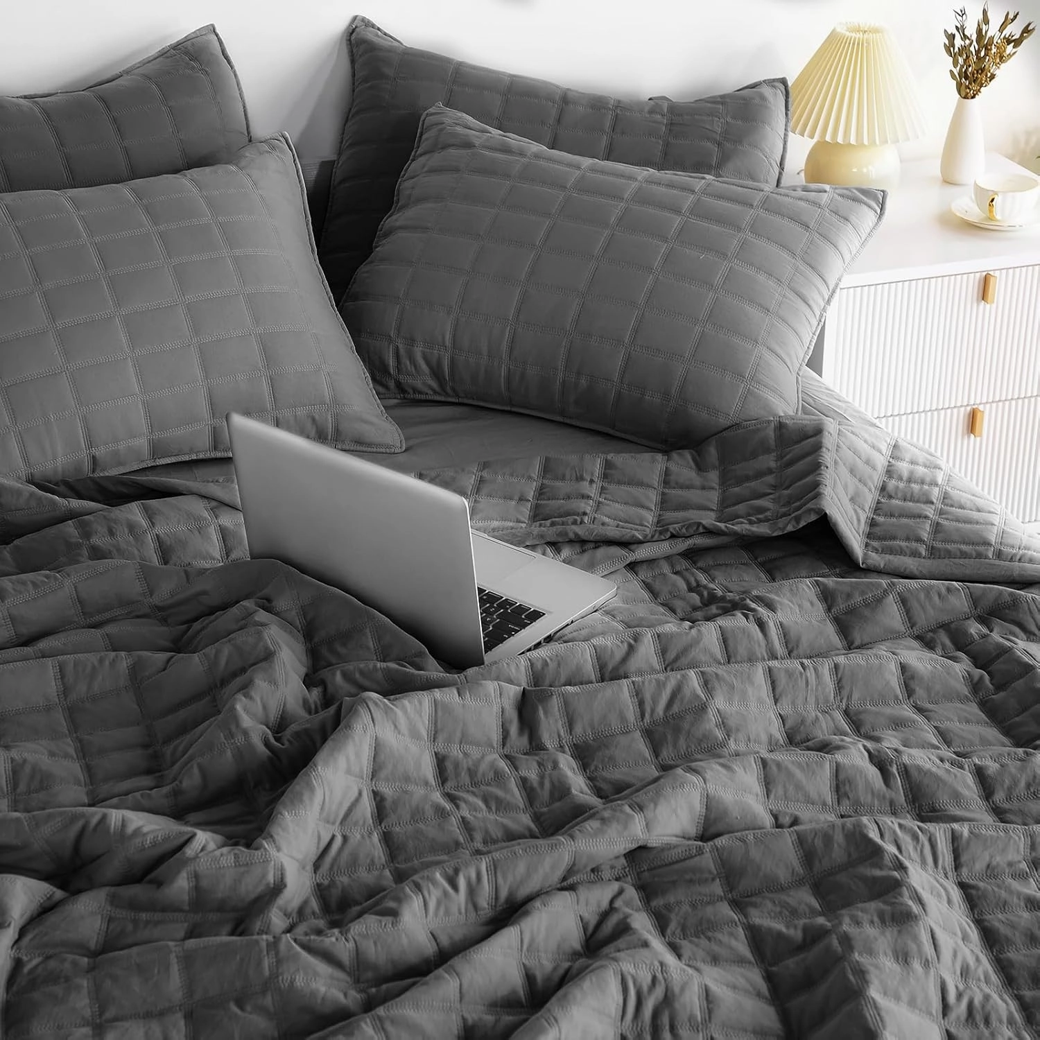 KASENTEX Quilt-Bedding-Coverlet-Blanket-Set, Machine Washable, Ultra Soft, Lightweight, Stone-Washed, Detailed Stitching - Solid Color (Dark Grey, Oversized King   2 King Shams)