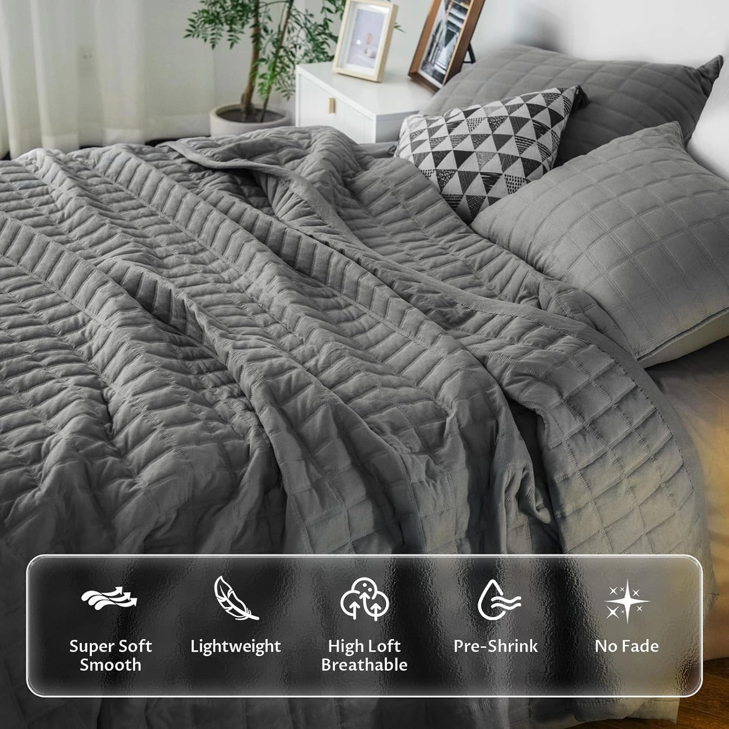 KASENTEX Quilt-Bedding-Coverlet-Blanket-Set, Machine Washable, Ultra Soft, Lightweight, Stone-Washed, Detailed Stitching - Solid Color (Dark Grey, Oversized King   2 King Shams)