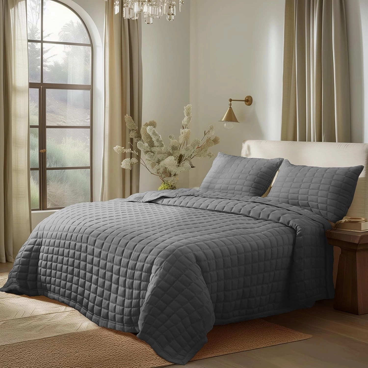 KASENTEX Quilt-Bedding-Coverlet-Blanket-Set, Machine Washable, Ultra Soft, Lightweight, Stone-Washed, Detailed Stitching - Solid Color (Dark Grey, Oversized King   2 King Shams)