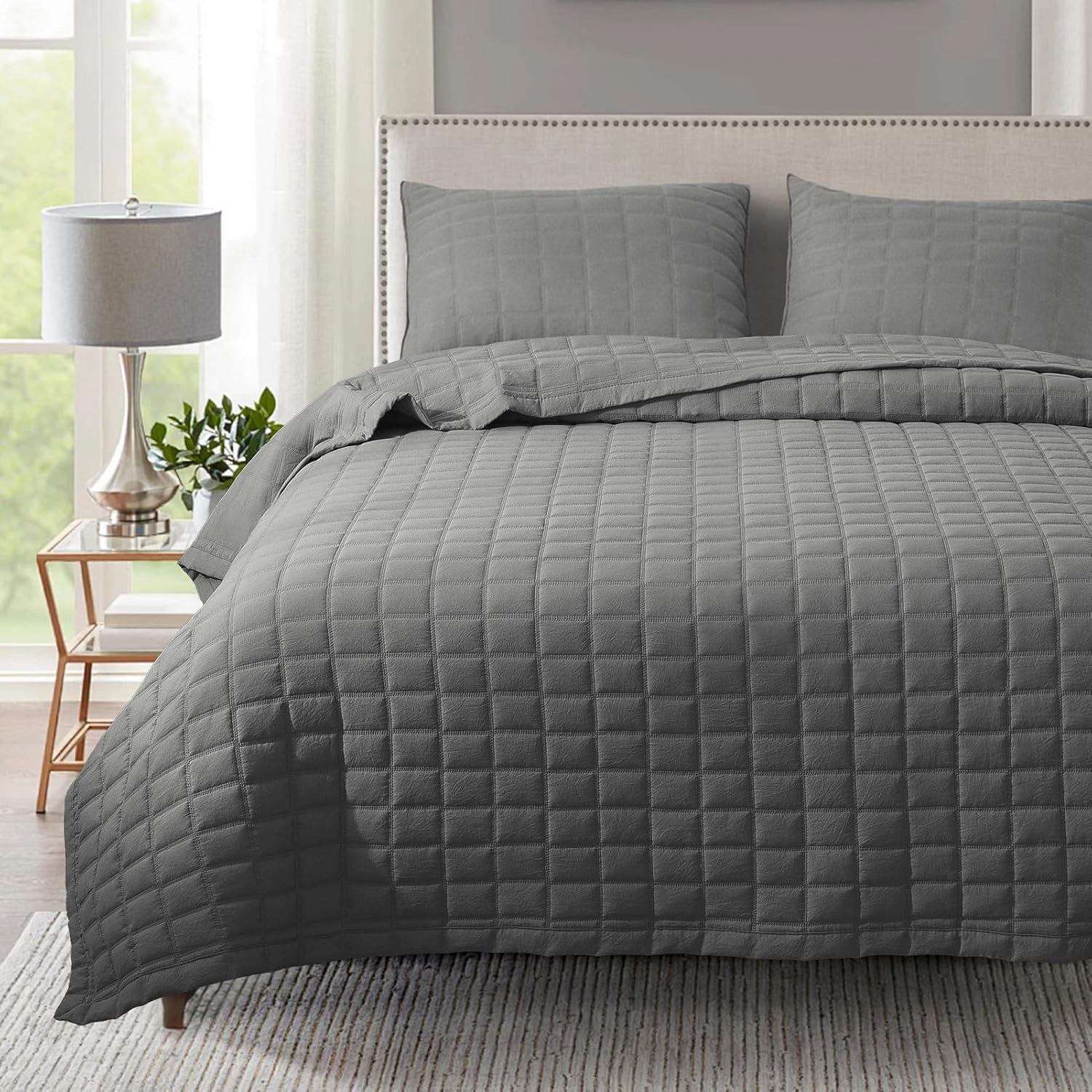 KASENTEX Quilt-Bedding-Coverlet-Blanket-Set, Machine Washable, Ultra Soft, Lightweight, Stone-Washed, Detailed Stitching - Solid Color (Dark Grey, Oversized King   2 King Shams)