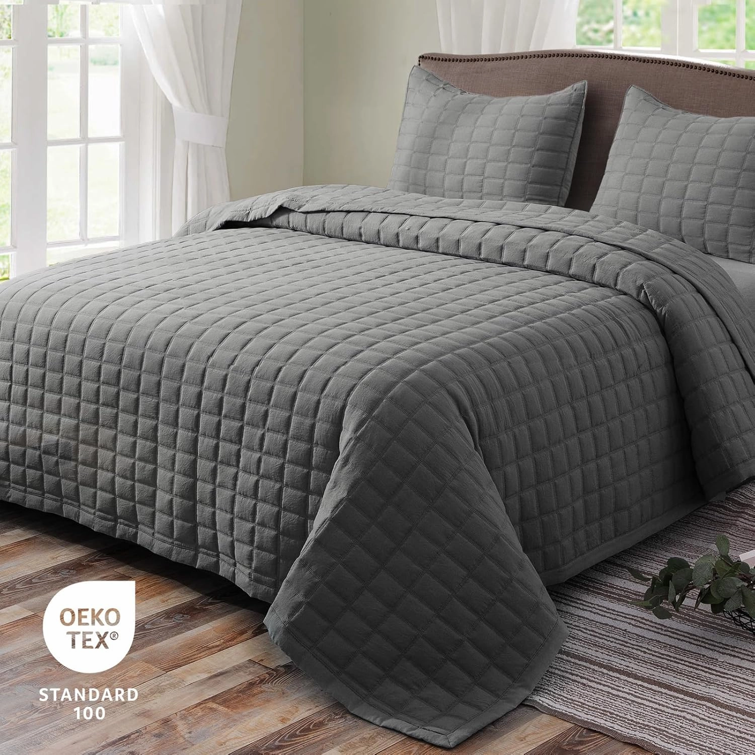 KASENTEX Quilt-Bedding-Coverlet-Blanket-Set, Machine Washable, Ultra Soft, Lightweight, Stone-Washed, Detailed Stitching - Solid Color (Dark Grey, Oversized King   2 King Shams)