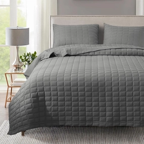 KASENTEX Quilt-Bedding-Coverlet-Blanket-Set, Machine Washable, Ultra Soft, Lightweight, Stone-Washed, Detailed Stitching - Solid Color (Dark Grey, Oversized King   2 King Shams)