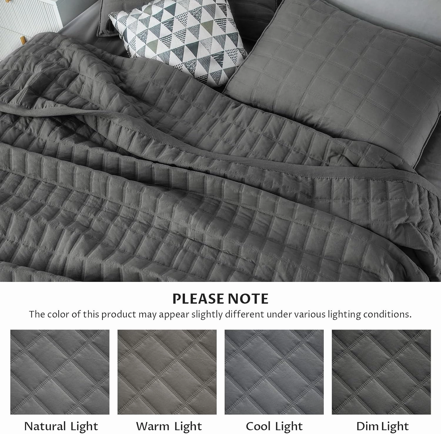 KASENTEX Quilt-Bedding-Coverlet-Blanket-Set, Machine Washable, Ultra Soft, Lightweight, Stone-Washed, Detailed Stitching - Solid Color (Dark Grey, Oversized King   2 King Shams)