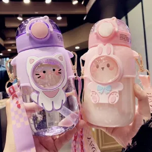 Kawaii Water Bottles with Silicone Straw and Adjustable Strap - 24oz Leakproof Cute Water Bottles for Girls, School, Camping