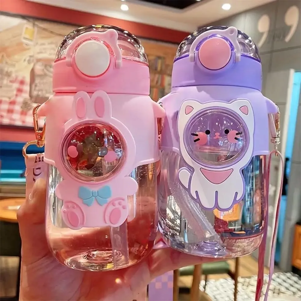 Kawaii Water Bottles with Silicone Straw and Adjustable Strap - 24oz Leakproof Cute Water Bottles for Girls, School, Camping