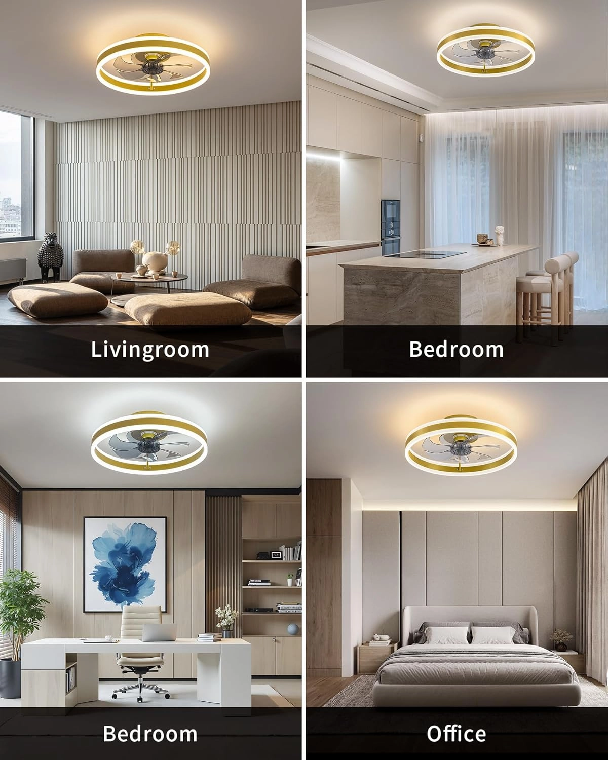 KDG 15.8" Low Profile LED Ceiling Fans with Light, Reversible Flush Mount with Remote and 6 Winds Speeds Fan Lighting, 3 Colors Dimmable for Bedroom, Living Room, Kids, Dinning Room, Kitchen (Gold)