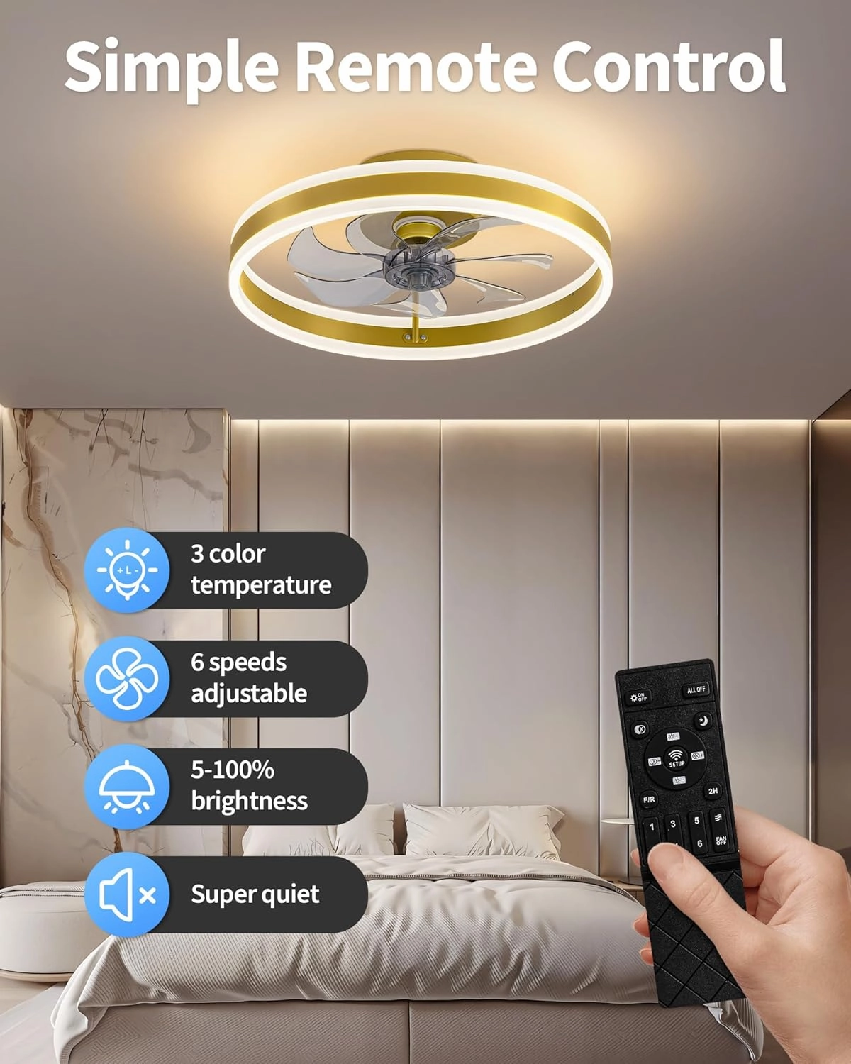 KDG 15.8" Low Profile LED Ceiling Fans with Light, Reversible Flush Mount with Remote and 6 Winds Speeds Fan Lighting, 3 Colors Dimmable for Bedroom, Living Room, Kids, Dinning Room, Kitchen (Gold)