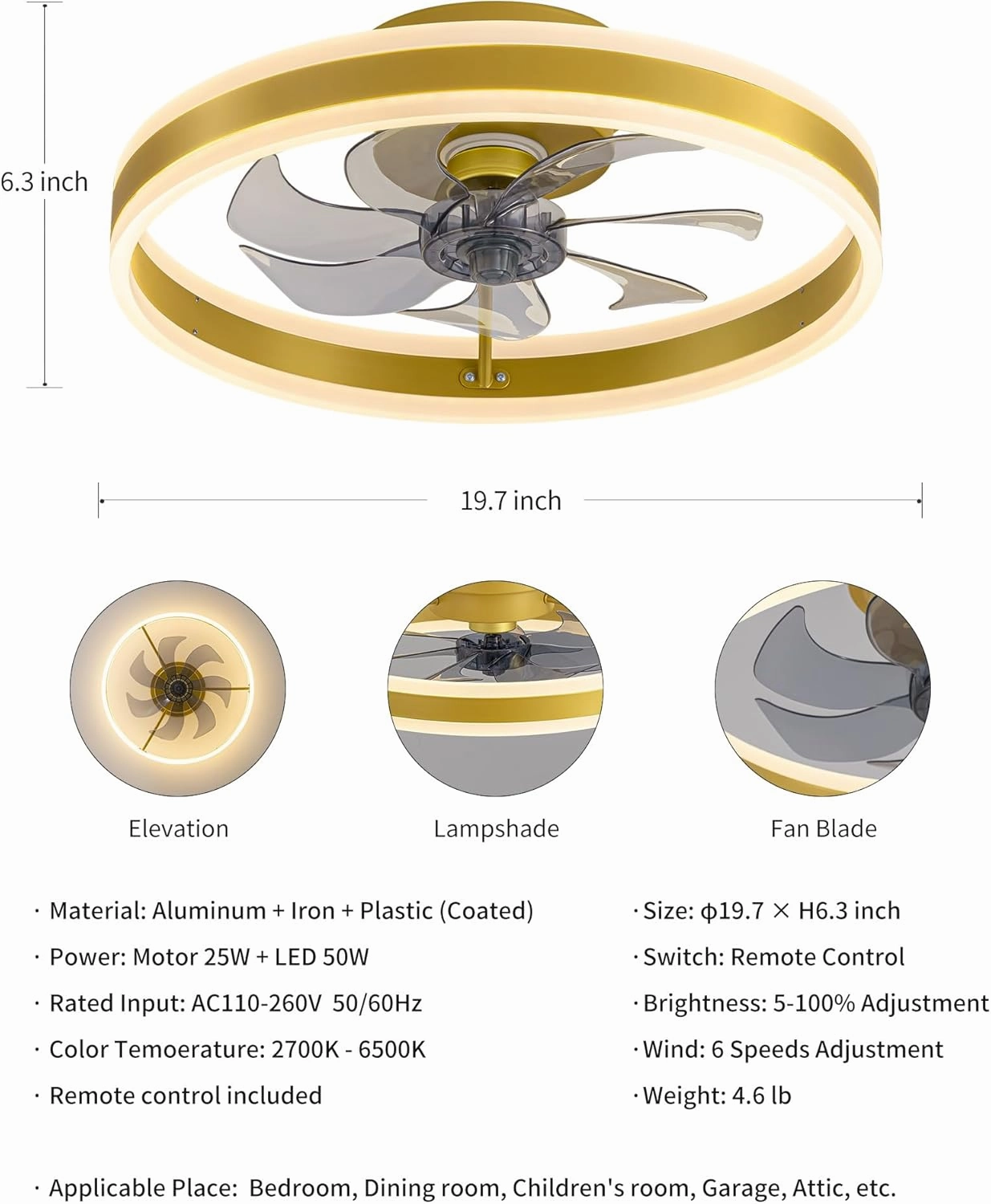 KDG 19.7" Low Profile LED Ceiling Fans with Light, Reversible Flush Mount with Remote and 6 Winds Speeds Fan Lighting, 3 Colors Dimmable for Bedroom, Living Room, Kids, Dinning Room, Kitchen (Gold)