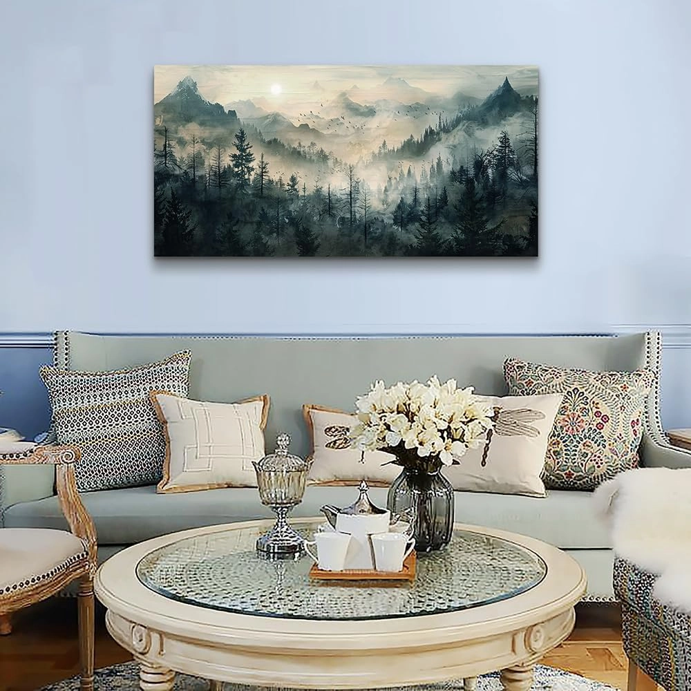 KELIYUAN Mountain View Canvas Wall Painting For Living Room Natural Landscape Painting Misty Forest Wall Decoration For Bedroom Home Decoration Modern Printed Artwork Can Be Hung Directly 20x40 In