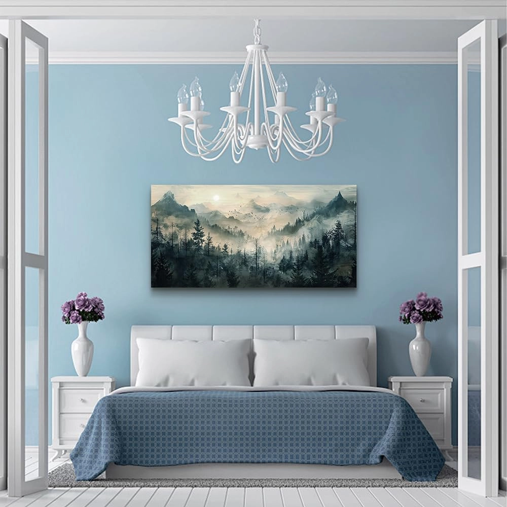 KELIYUAN Mountain View Canvas Wall Painting For Living Room Natural Landscape Painting Misty Forest Wall Decoration For Bedroom Home Decoration Modern Printed Artwork Can Be Hung Directly 20x40 In